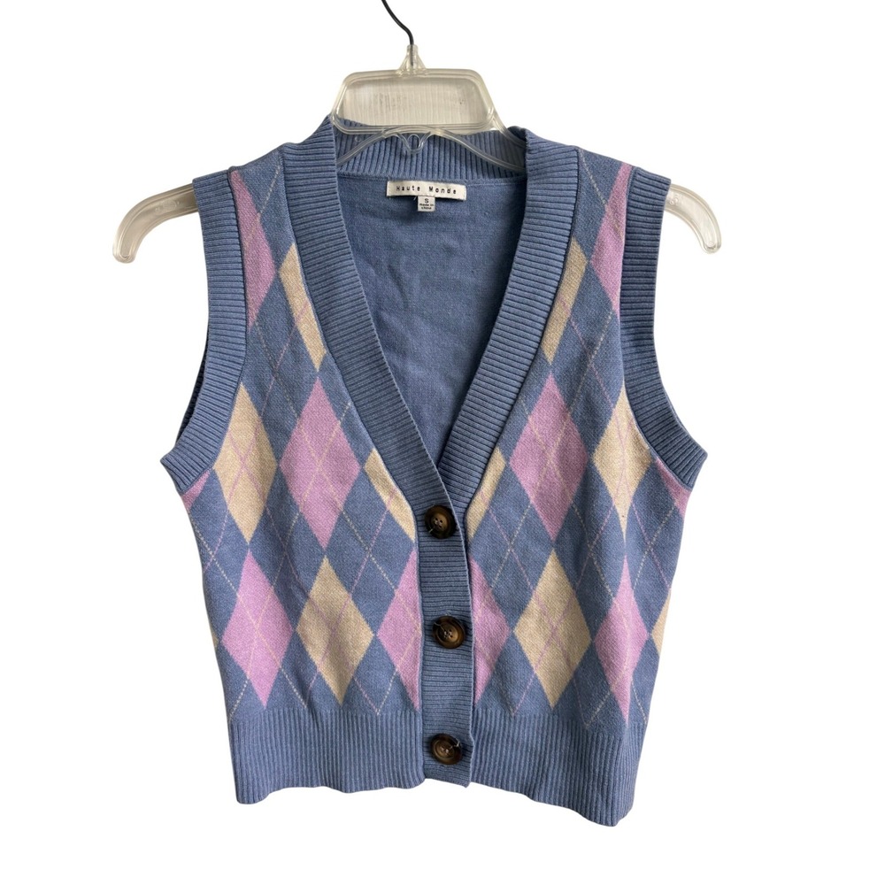 Haute Monde Argyle Sweater Vest‎ Blue V-Neck Preppy Y2K Schoolgirl Size Small